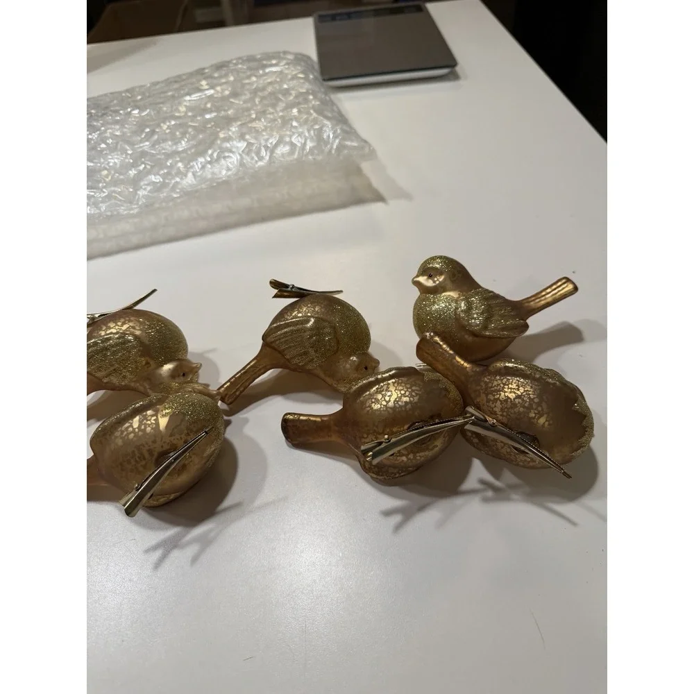 Pier 1 Imports Seven Frosted Gold Glass Bird Clip On Ornament Glitter 4